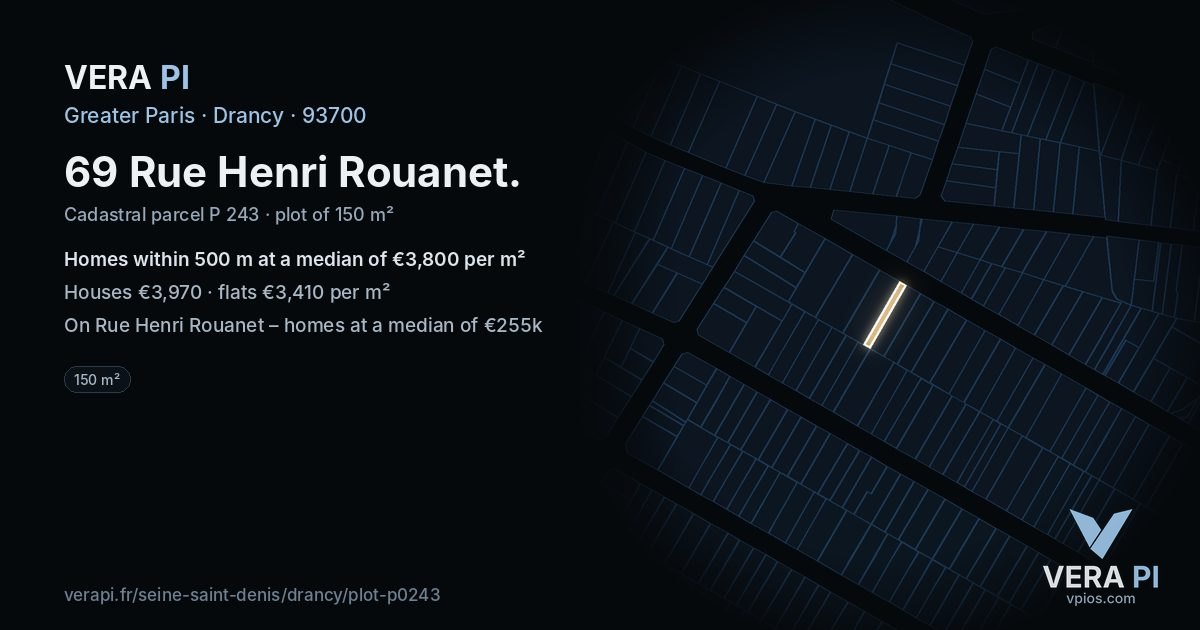 69 Rue Henri Rouanet, Drancy at night – the plot lit, the parcels around coloured by the prices near them