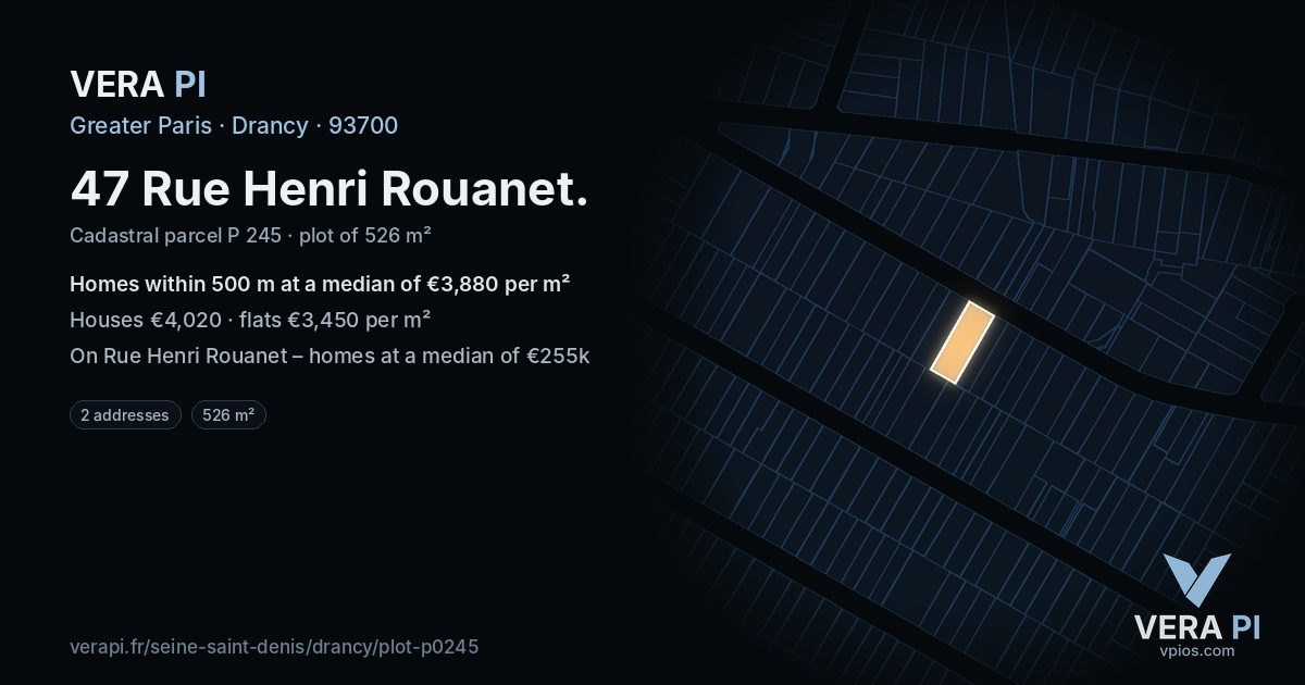 47 Rue Henri Rouanet, Drancy at night – the plot lit, the parcels around coloured by the prices near them