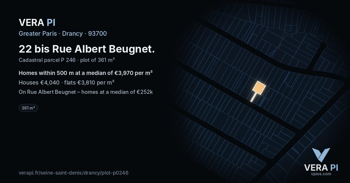 22 bis Rue Albert Beugnet, Drancy at night – the plot lit, the parcels around coloured by the prices near them