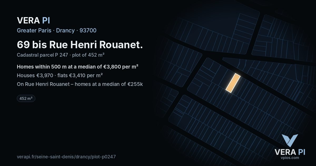 69 bis Rue Henri Rouanet, Drancy at night – the plot lit, the parcels around coloured by the prices near them
