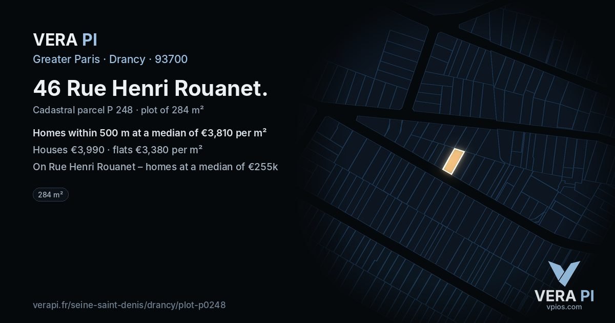 46 Rue Henri Rouanet, Drancy at night – the plot lit, the parcels around coloured by the prices near them