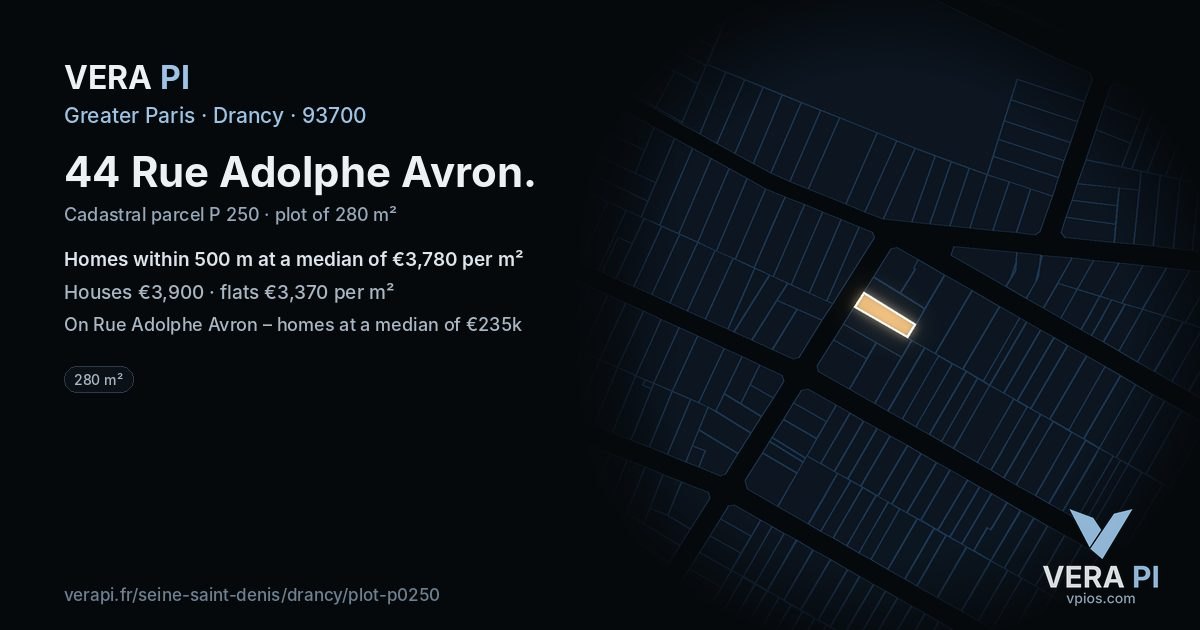 44 Rue Adolphe Avron, Drancy at night – the plot lit, the parcels around coloured by the prices near them