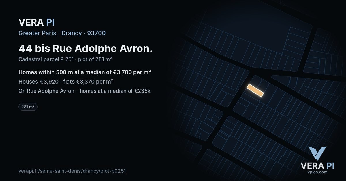 44 bis Rue Adolphe Avron, Drancy at night – the plot lit, the parcels around coloured by the prices near them