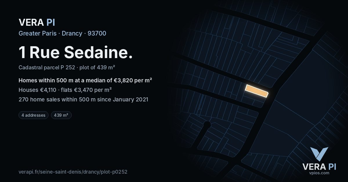 1 Rue Sedaine, Drancy at night – the plot lit, the parcels around coloured by the prices near them