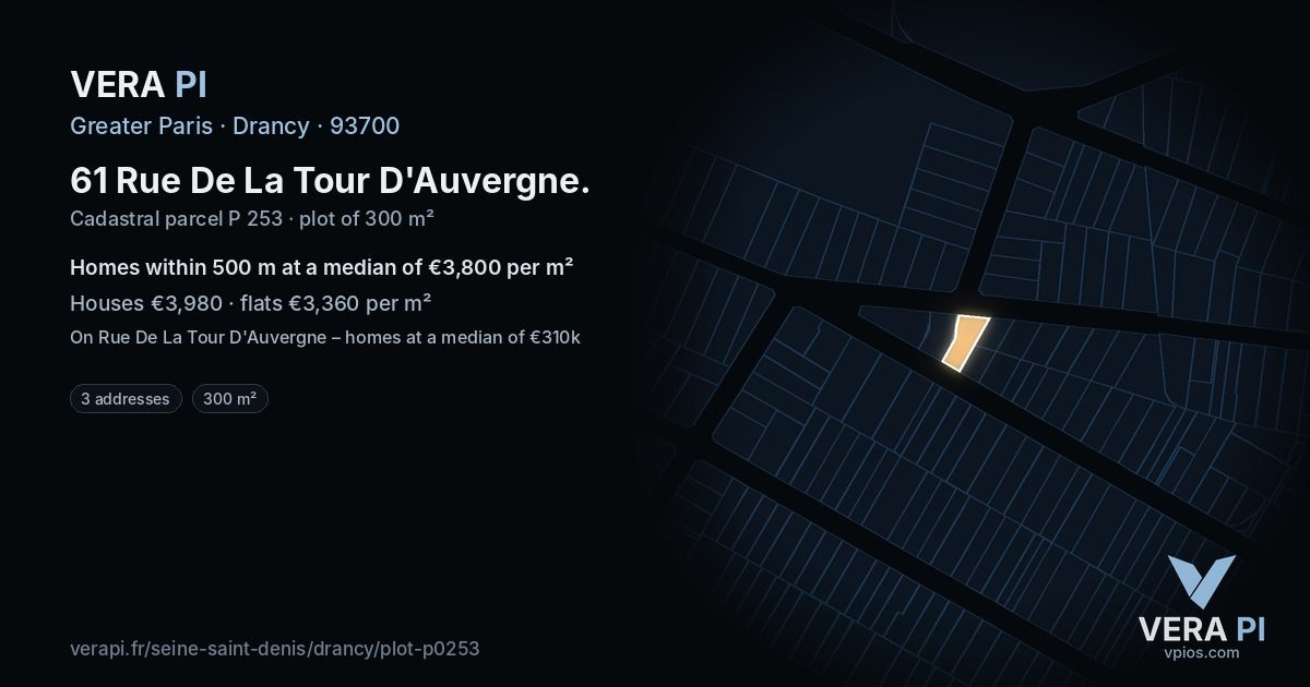 61 Rue De La Tour D'Auvergne, Drancy at night – the plot lit, the parcels around coloured by the prices near them