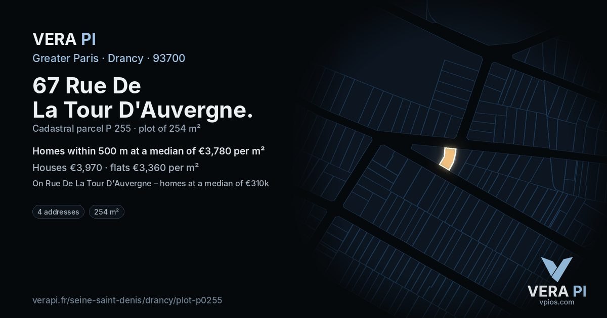 67 Rue De La Tour D'Auvergne, Drancy at night – the plot lit, the parcels around coloured by the prices near them