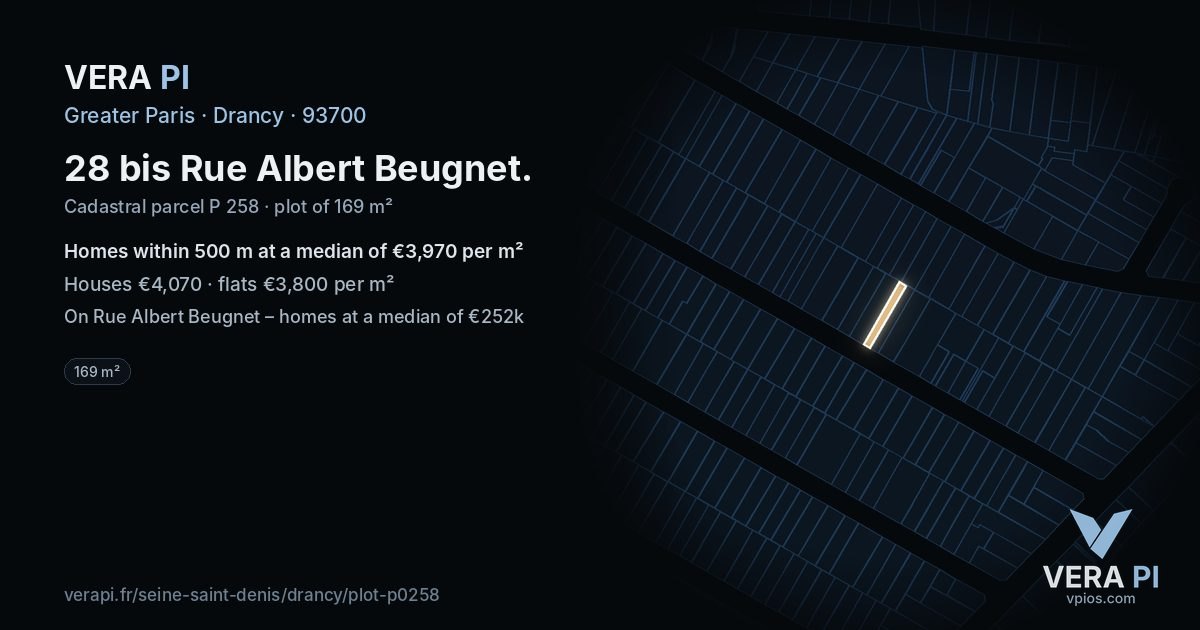 28 bis Rue Albert Beugnet, Drancy at night – the plot lit, the parcels around coloured by the prices near them