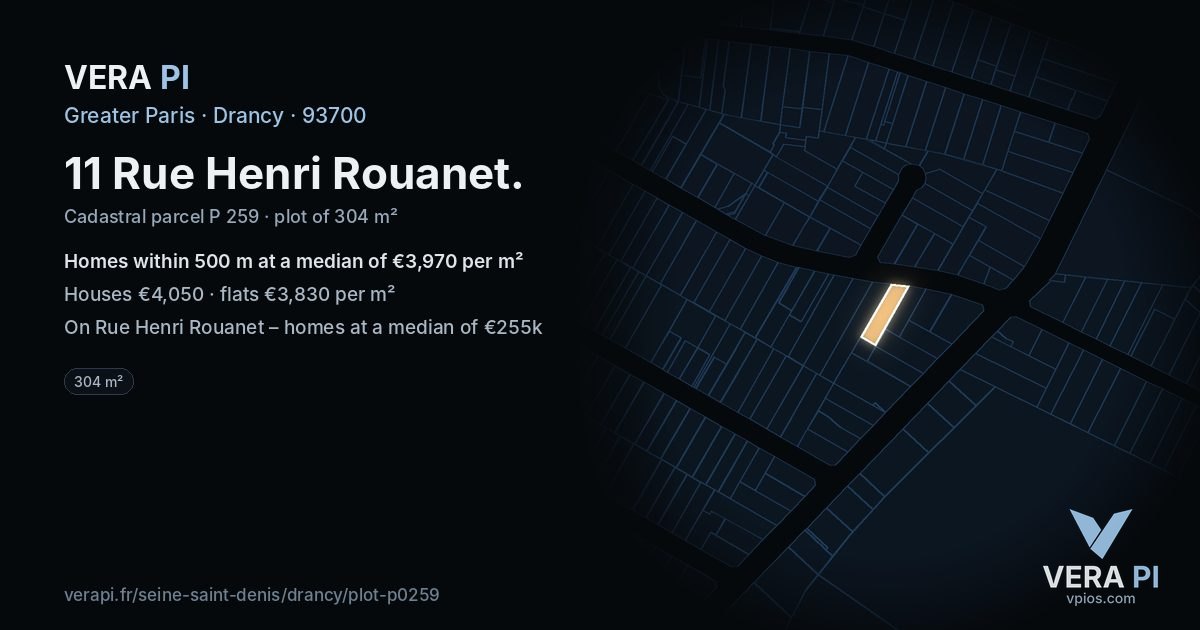 11 Rue Henri Rouanet, Drancy at night – the plot lit, the parcels around coloured by the prices near them