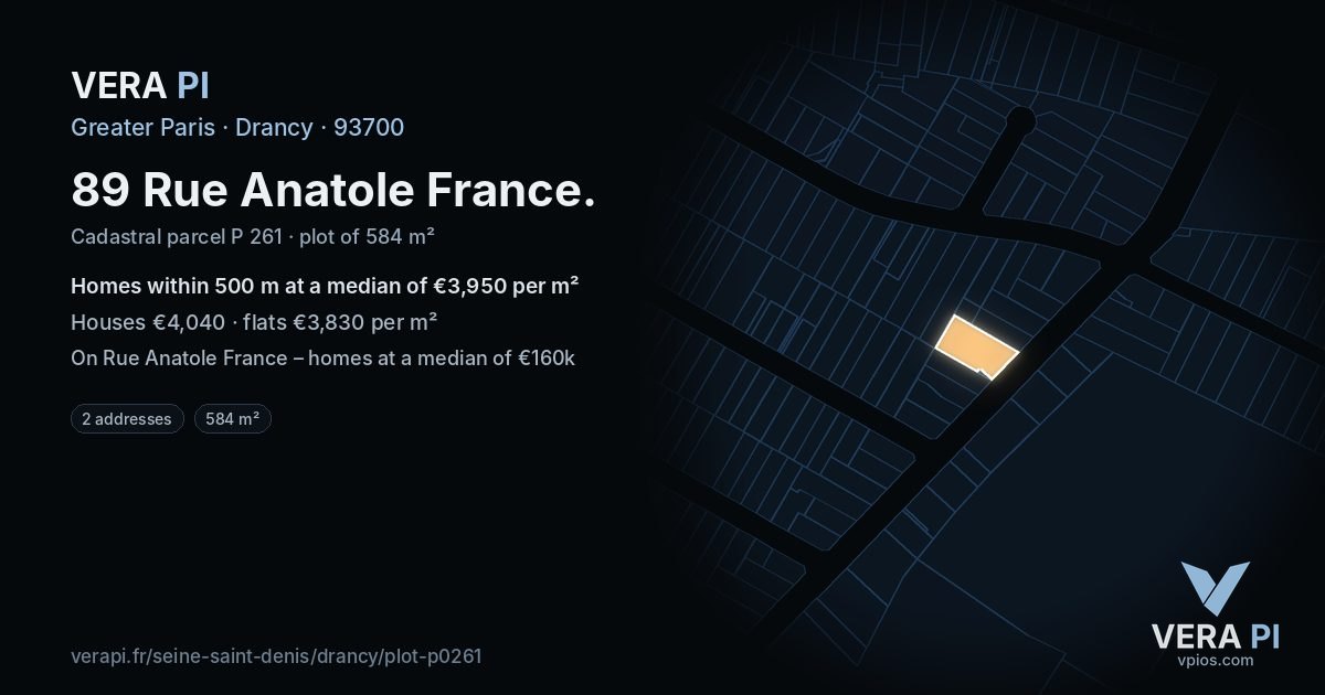 89 Rue Anatole France, Drancy at night – the plot lit, the parcels around coloured by the prices near them