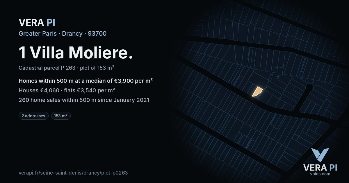 1 Villa Moliere, Drancy at night – the plot lit, the parcels around coloured by the prices near them