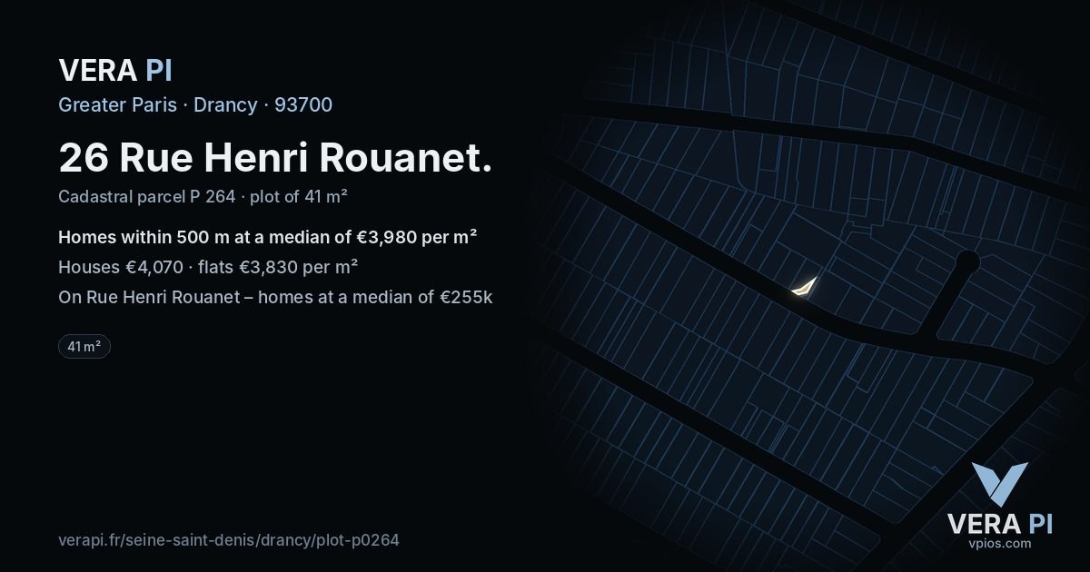 26 Rue Henri Rouanet, Drancy at night – the plot lit, the parcels around coloured by the prices near them