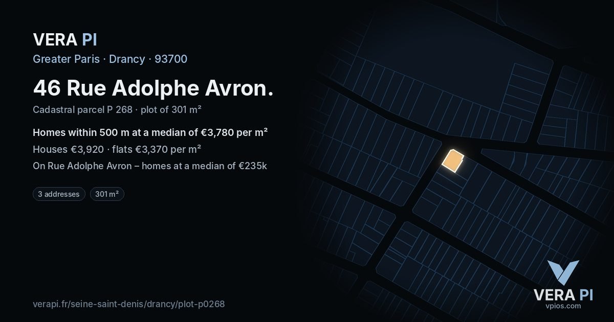46 Rue Adolphe Avron, Drancy at night – the plot lit, the parcels around coloured by the prices near them