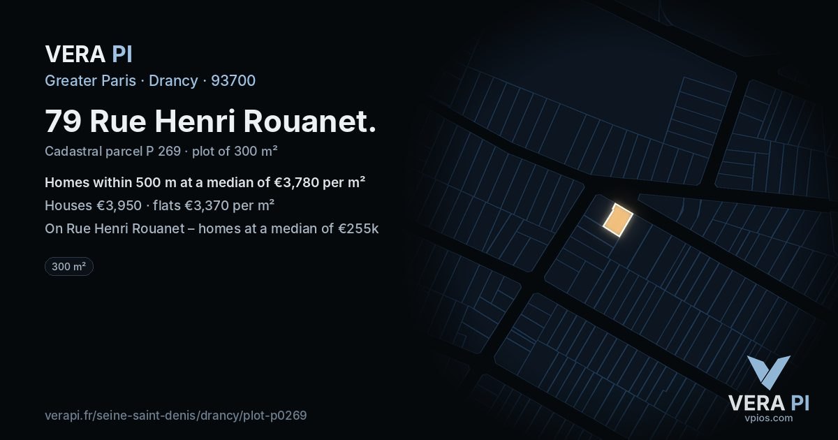 79 Rue Henri Rouanet, Drancy at night – the plot lit, the parcels around coloured by the prices near them