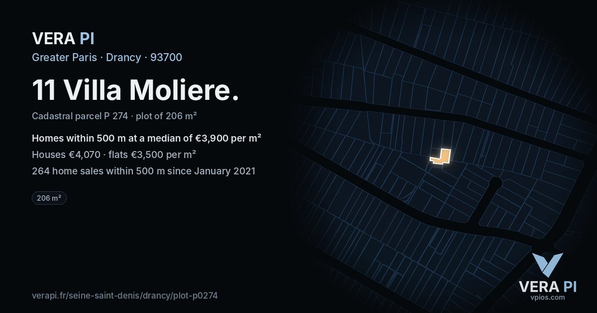 11 Villa Moliere, Drancy at night – the plot lit, the parcels around coloured by the prices near them