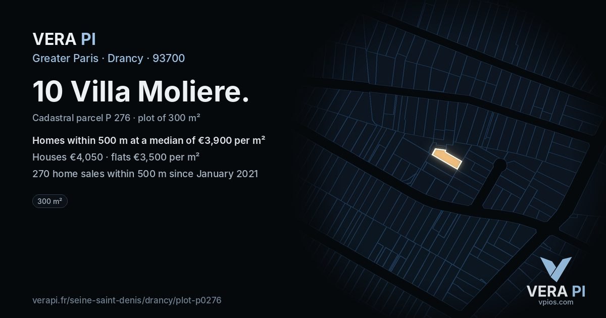 10 Villa Moliere, Drancy at night – the plot lit, the parcels around coloured by the prices near them