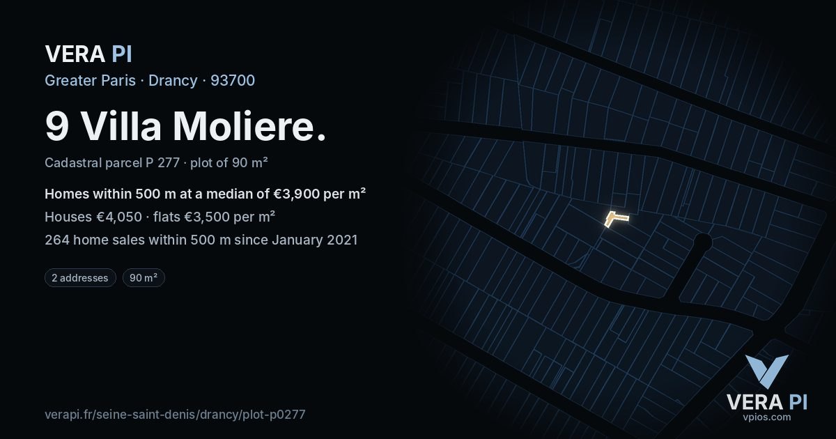 9 Villa Moliere, Drancy at night – the plot lit, the parcels around coloured by the prices near them