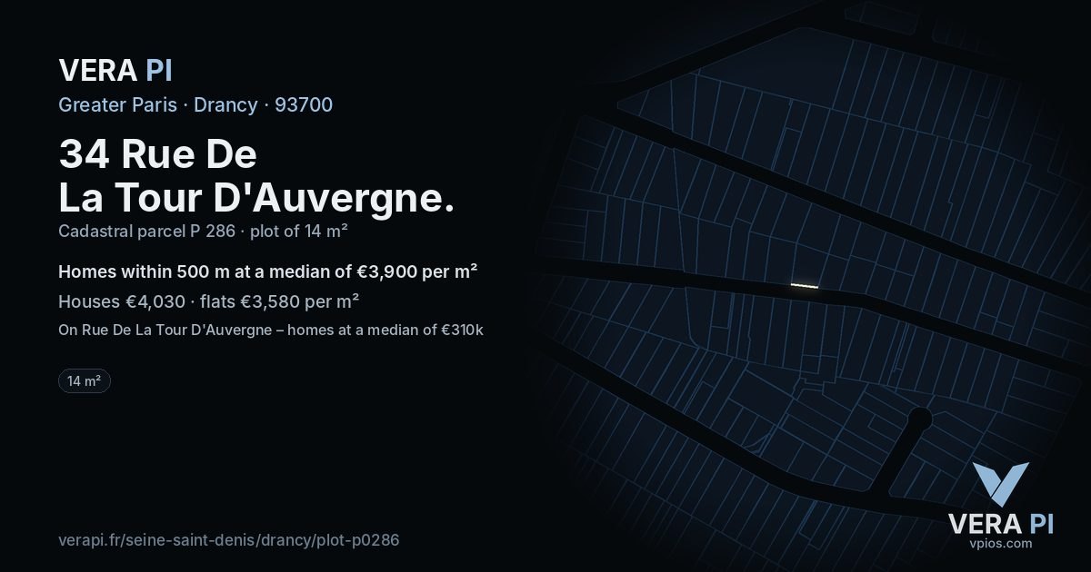 34 Rue De La Tour D'Auvergne, Drancy at night – the plot lit, the parcels around coloured by the prices near them