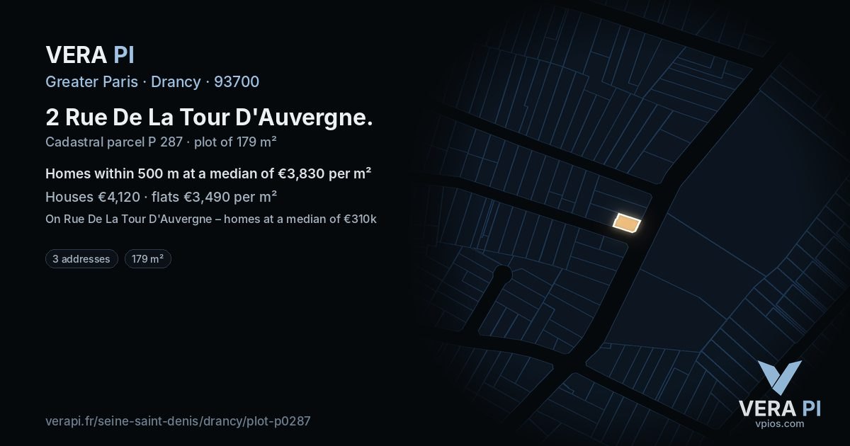 2 Rue De La Tour D'Auvergne, Drancy at night – the plot lit, the parcels around coloured by the prices near them