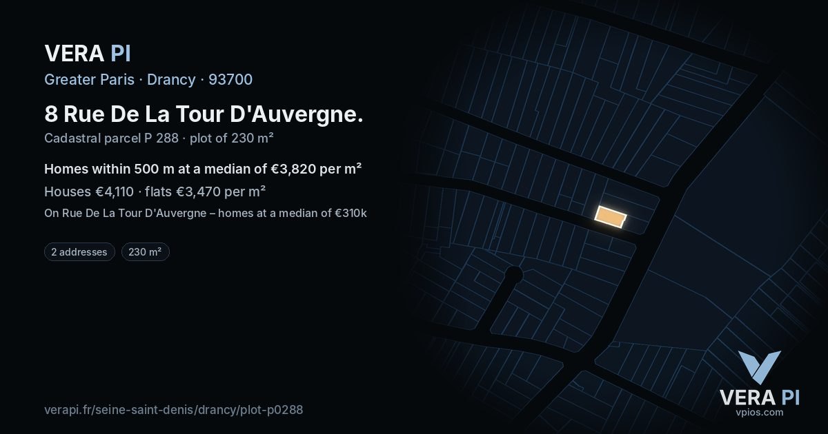8 Rue De La Tour D'Auvergne, Drancy at night – the plot lit, the parcels around coloured by the prices near them