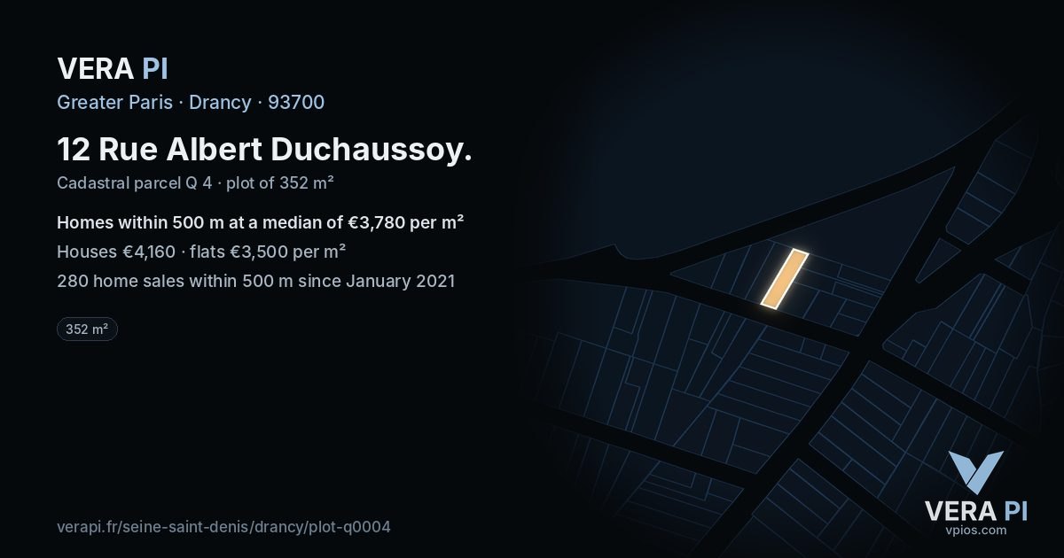 12 Rue Albert Duchaussoy, Drancy at night – the plot lit, the parcels around coloured by the prices near them