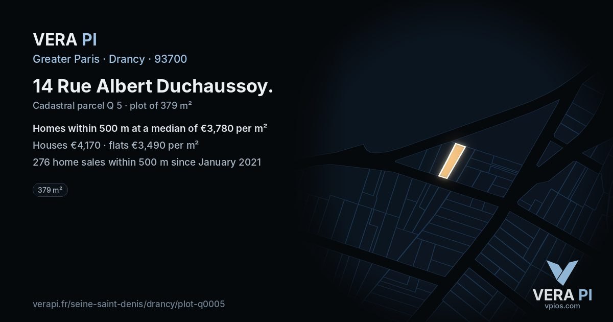 14 Rue Albert Duchaussoy, Drancy at night – the plot lit, the parcels around coloured by the prices near them