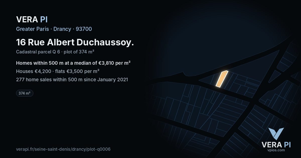 16 Rue Albert Duchaussoy, Drancy at night – the plot lit, the parcels around coloured by the prices near them