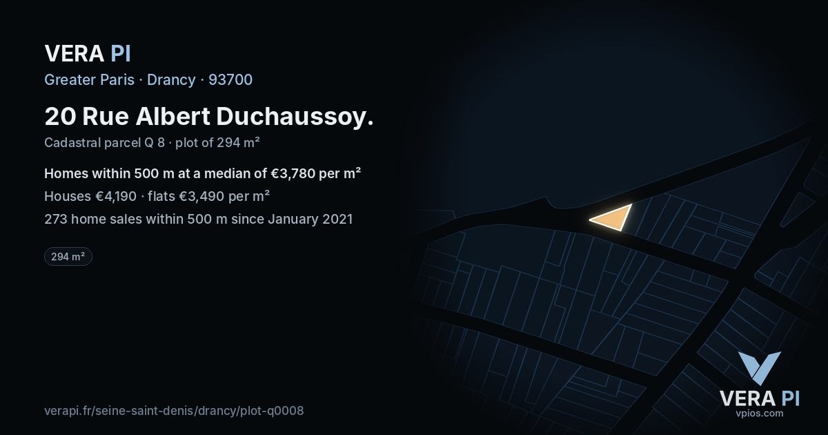 20 Rue Albert Duchaussoy, Drancy at night – the plot lit, the parcels around coloured by the prices near them
