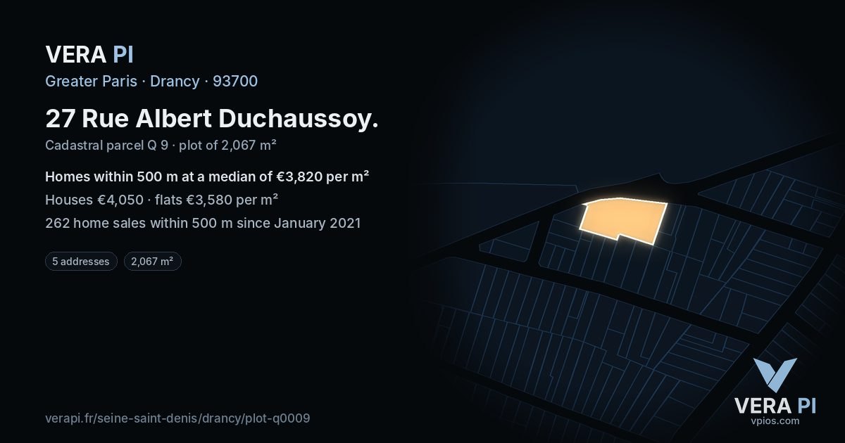 27 Rue Albert Duchaussoy, Drancy at night – the plot lit, the parcels around coloured by the prices near them