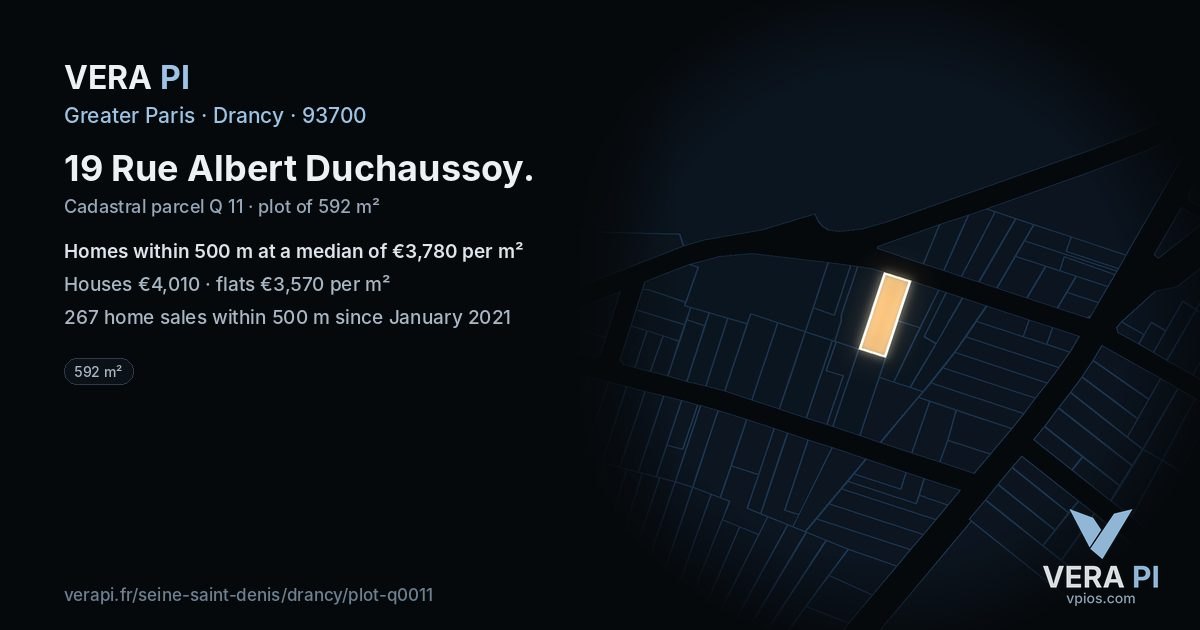 19 Rue Albert Duchaussoy, Drancy at night – the plot lit, the parcels around coloured by the prices near them
