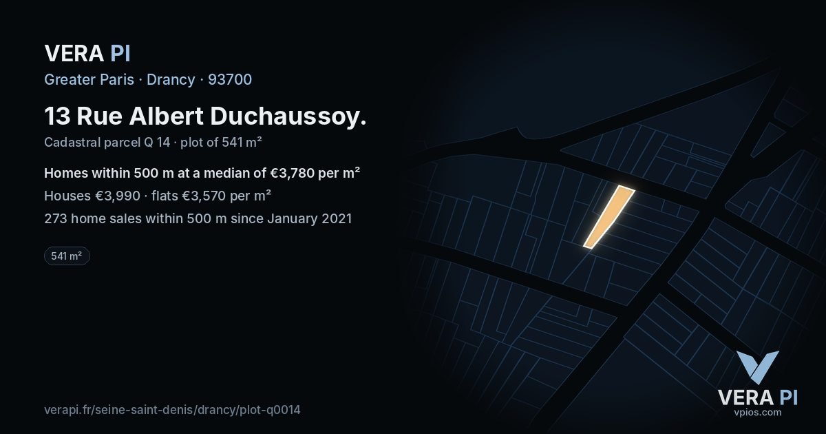 13 Rue Albert Duchaussoy, Drancy at night – the plot lit, the parcels around coloured by the prices near them