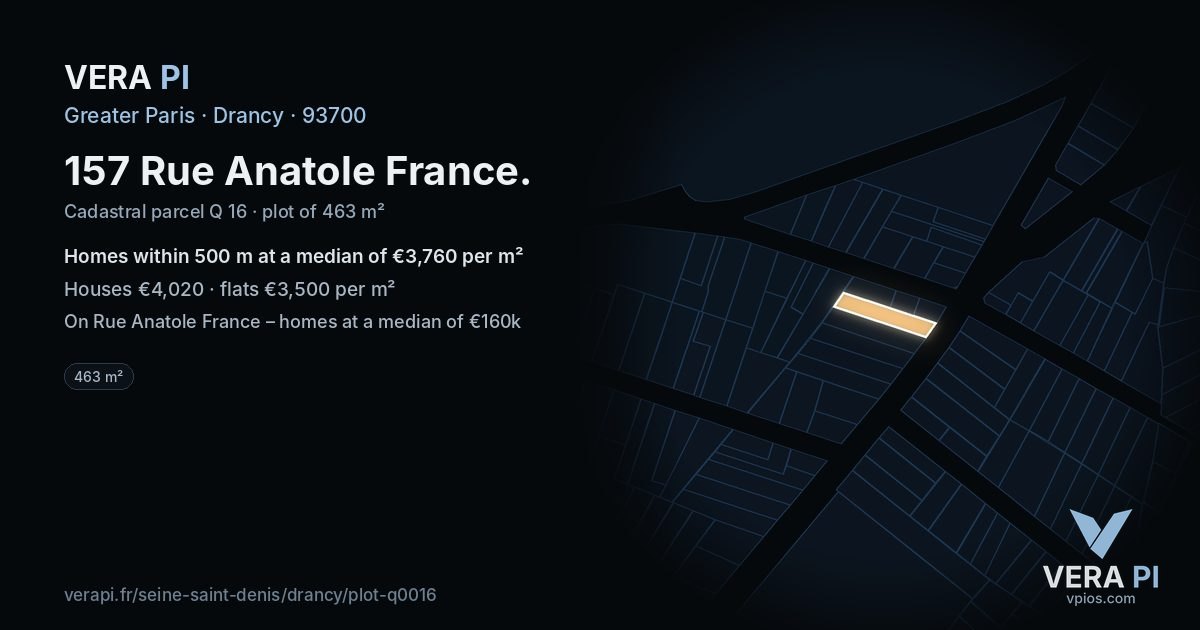 157 Rue Anatole France, Drancy at night – the plot lit, the parcels around coloured by the prices near them