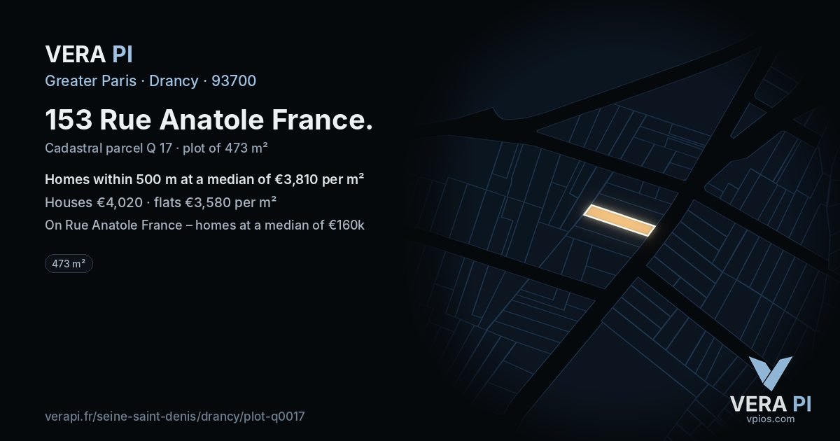153 Rue Anatole France, Drancy at night – the plot lit, the parcels around coloured by the prices near them