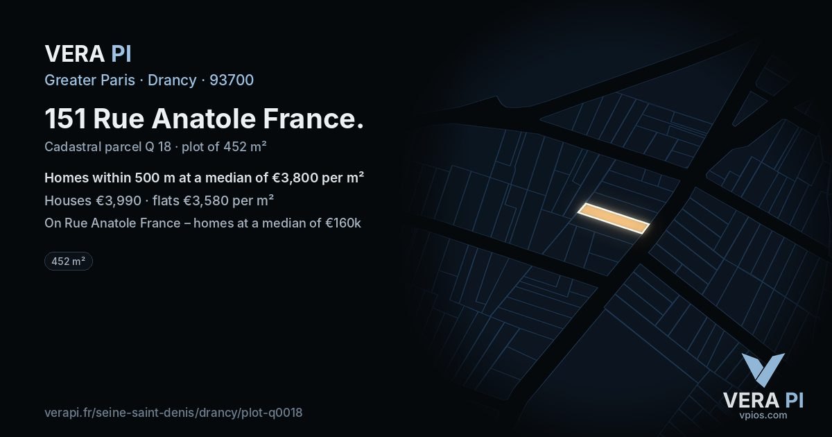151 Rue Anatole France, Drancy at night – the plot lit, the parcels around coloured by the prices near them