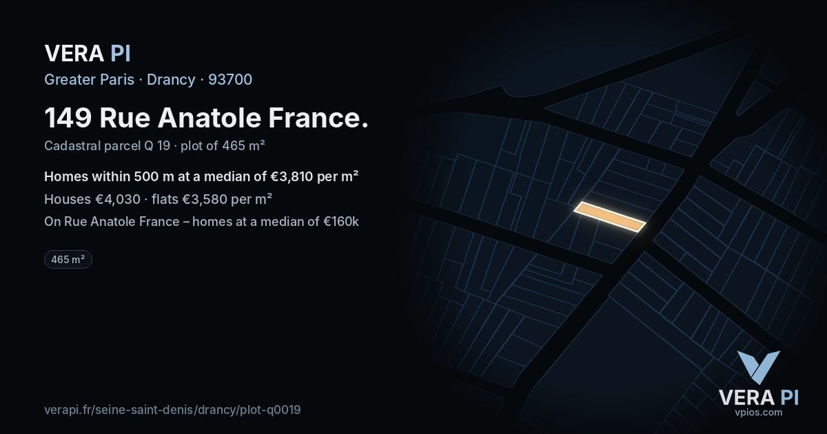 149 Rue Anatole France, Drancy at night – the plot lit, the parcels around coloured by the prices near them