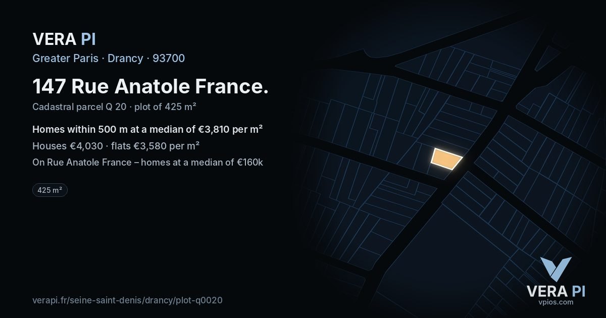 147 Rue Anatole France, Drancy at night – the plot lit, the parcels around coloured by the prices near them