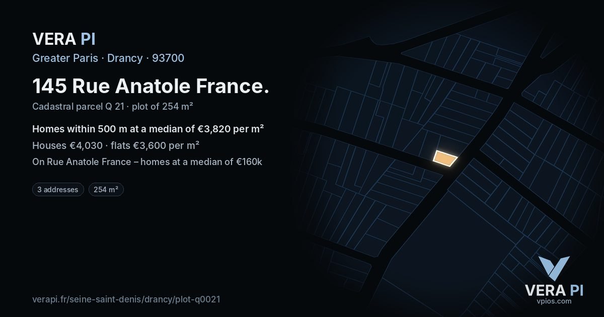 145 Rue Anatole France, Drancy at night – the plot lit, the parcels around coloured by the prices near them