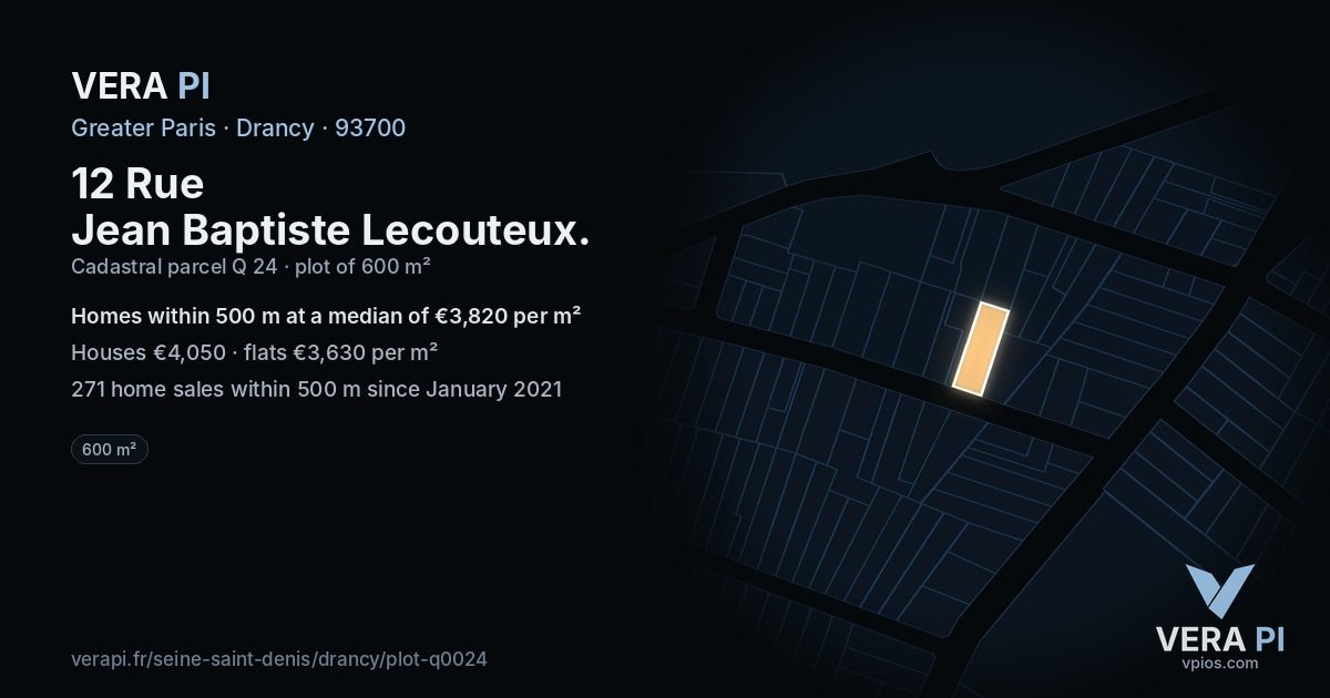 12 Rue Jean Baptiste Lecouteux, Drancy at night – the plot lit, the parcels around coloured by the prices near them