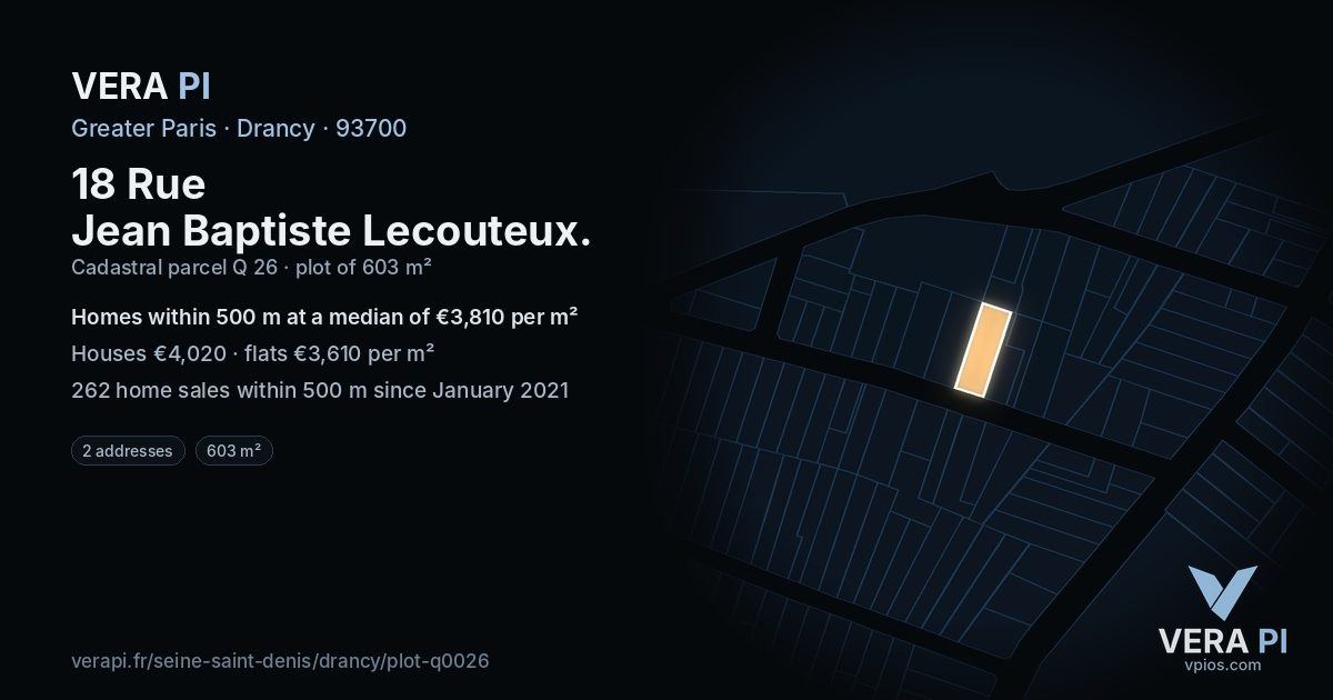 18 Rue Jean Baptiste Lecouteux, Drancy at night – the plot lit, the parcels around coloured by the prices near them
