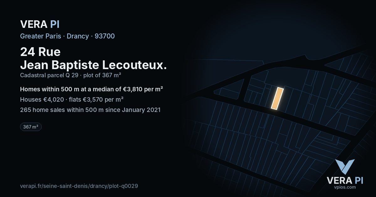 24 Rue Jean Baptiste Lecouteux, Drancy at night – the plot lit, the parcels around coloured by the prices near them