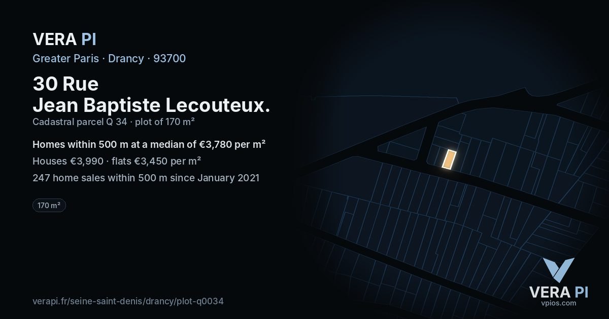 30 Rue Jean Baptiste Lecouteux, Drancy at night – the plot lit, the parcels around coloured by the prices near them