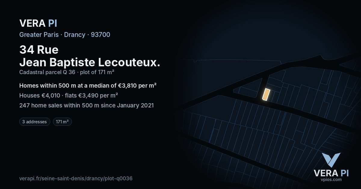 34 Rue Jean Baptiste Lecouteux, Drancy at night – the plot lit, the parcels around coloured by the prices near them