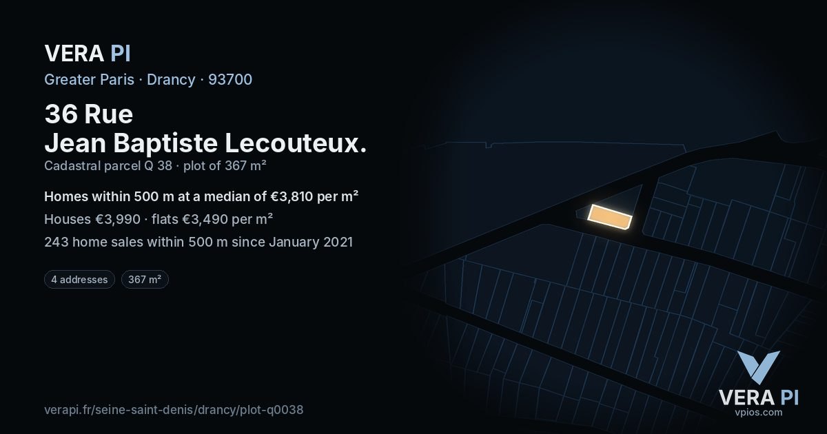 36 Rue Jean Baptiste Lecouteux, Drancy at night – the plot lit, the parcels around coloured by the prices near them