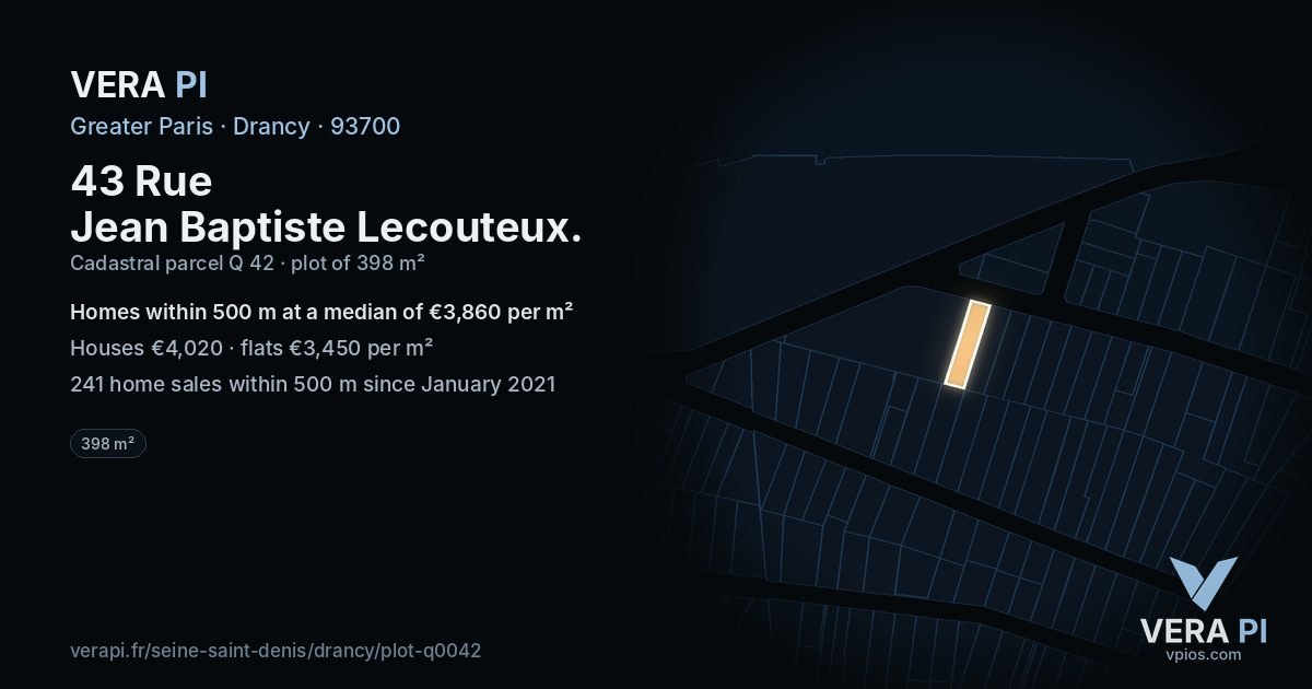 43 Rue Jean Baptiste Lecouteux, Drancy at night – the plot lit, the parcels around coloured by the prices near them