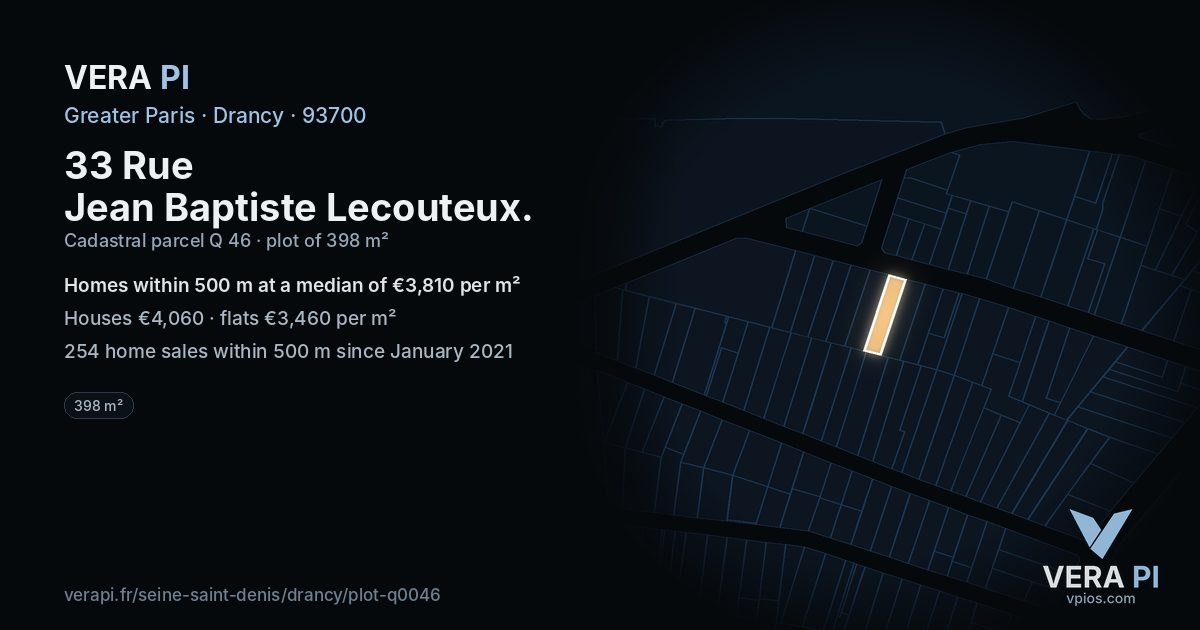 33 Rue Jean Baptiste Lecouteux, Drancy at night – the plot lit, the parcels around coloured by the prices near them