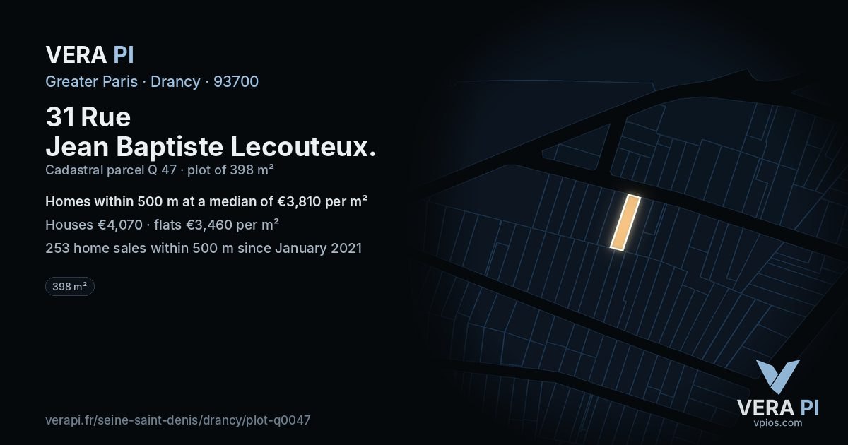 31 Rue Jean Baptiste Lecouteux, Drancy at night – the plot lit, the parcels around coloured by the prices near them