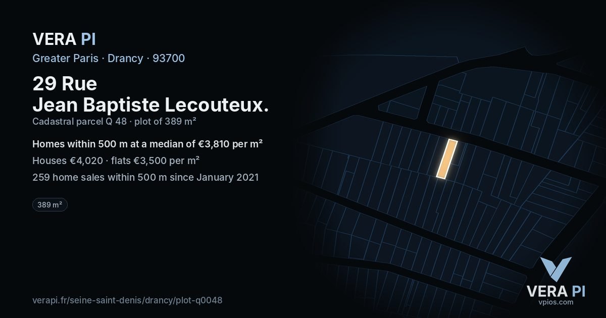 29 Rue Jean Baptiste Lecouteux, Drancy at night – the plot lit, the parcels around coloured by the prices near them