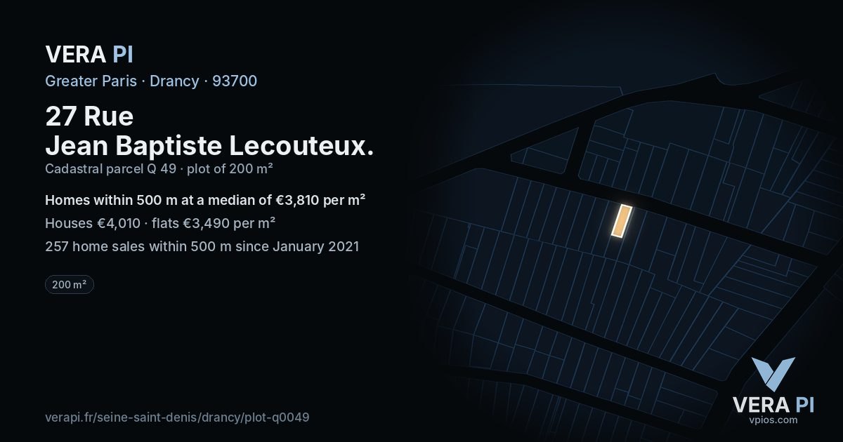 27 Rue Jean Baptiste Lecouteux, Drancy at night – the plot lit, the parcels around coloured by the prices near them