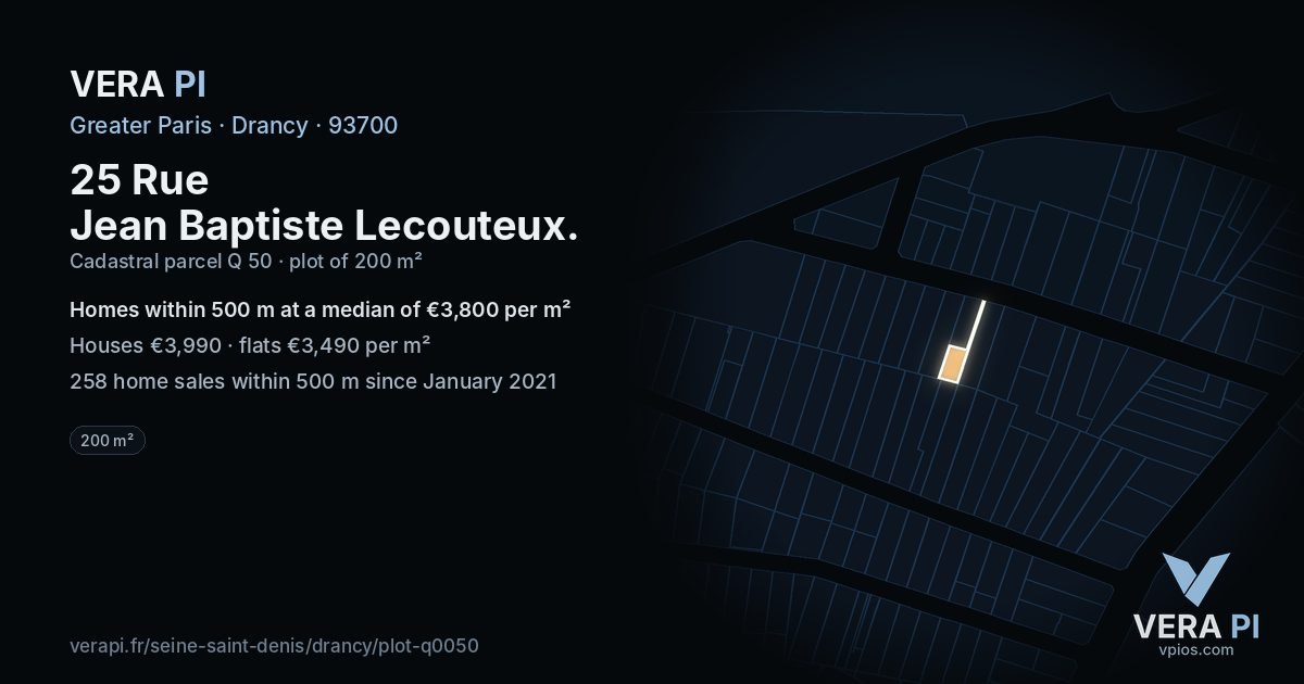 25 Rue Jean Baptiste Lecouteux, Drancy at night – the plot lit, the parcels around coloured by the prices near them