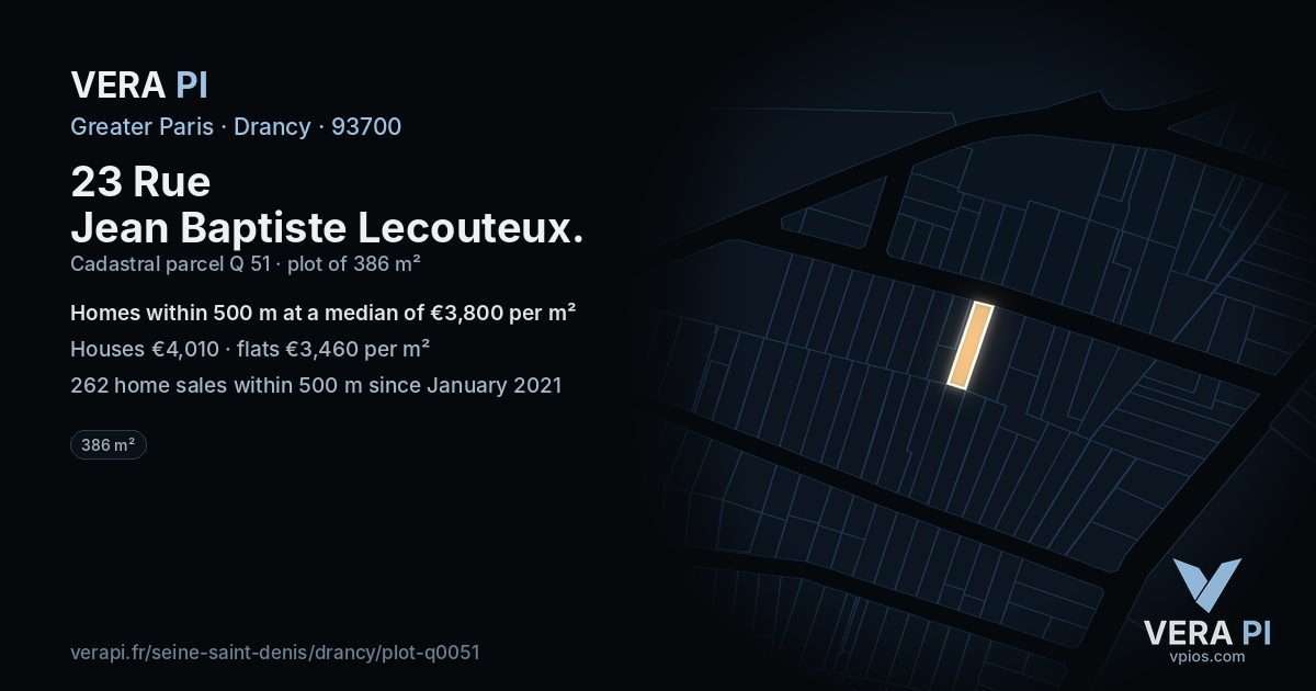 23 Rue Jean Baptiste Lecouteux, Drancy at night – the plot lit, the parcels around coloured by the prices near them
