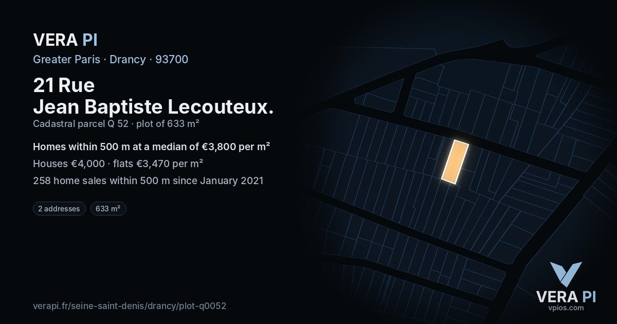 21 Rue Jean Baptiste Lecouteux, Drancy at night – the plot lit, the parcels around coloured by the prices near them